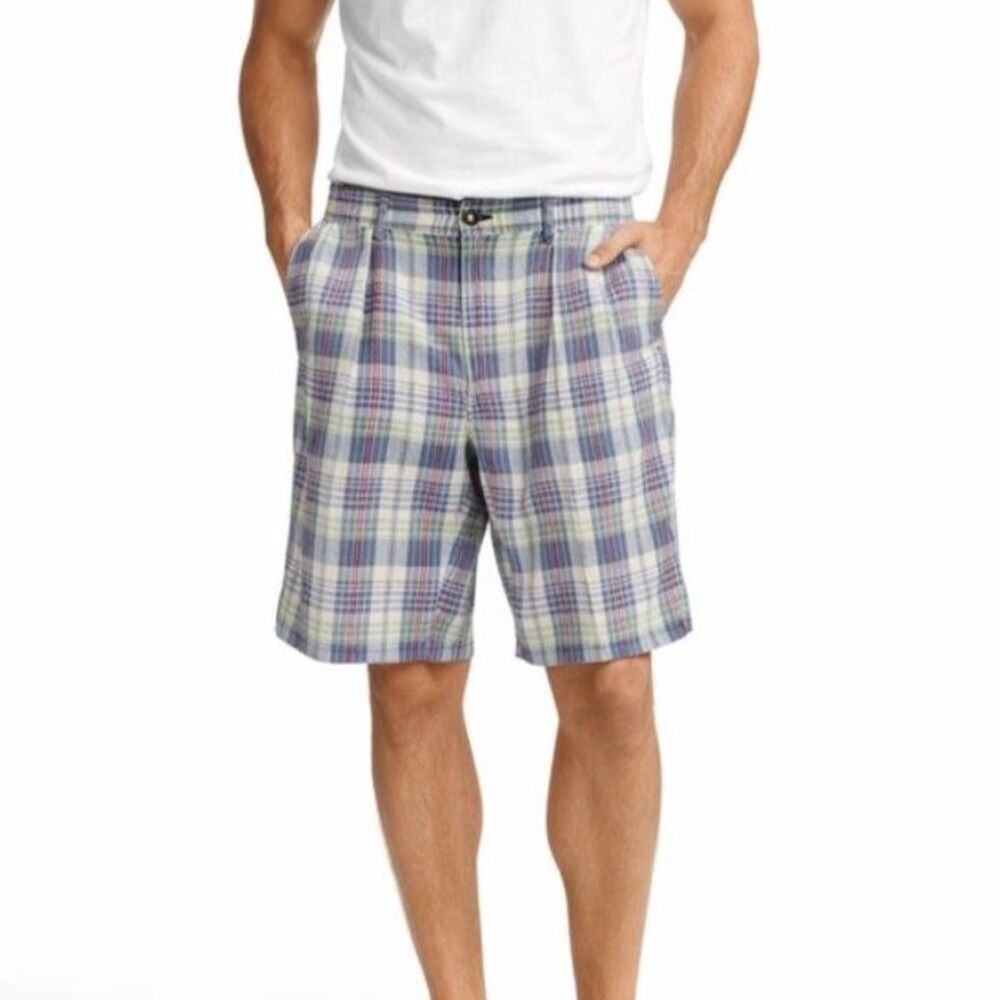 Polo Ralph Lauren Men's Blue Ivory Madras Plaid Pleated Chino Shorts Size 34